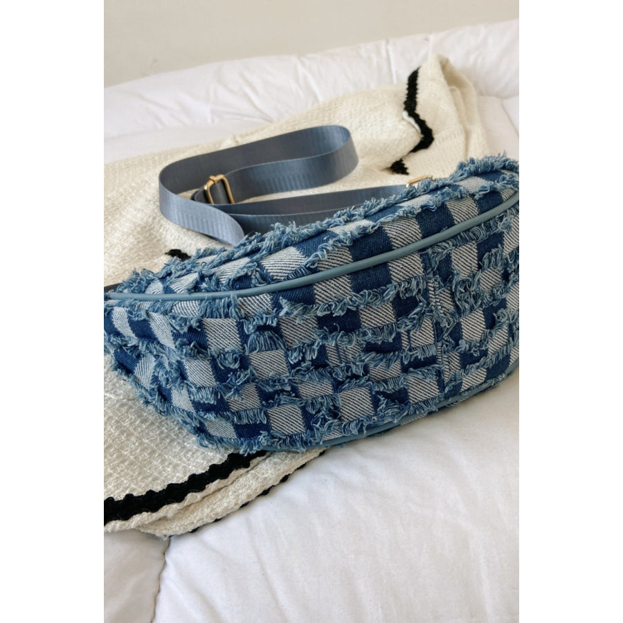 Raw Hem Checkered Denim Crossbody Bag Apparel and Accessories