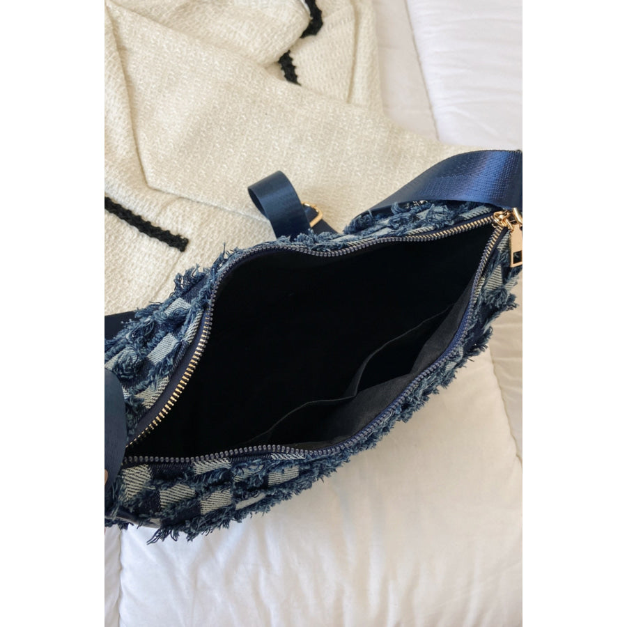 Raw Hem Checkered Denim Crossbody Bag Apparel and Accessories