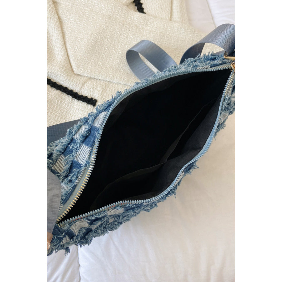 Raw Hem Checkered Denim Crossbody Bag Apparel and Accessories