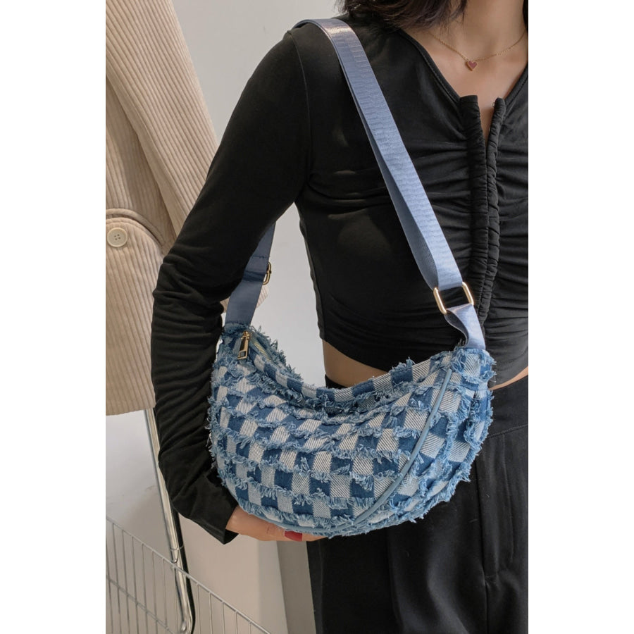 Raw Hem Checkered Denim Crossbody Bag Apparel and Accessories