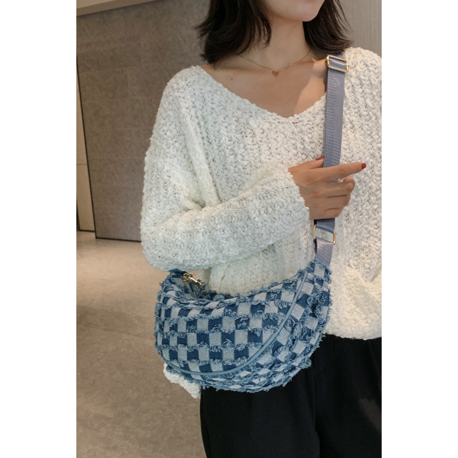 Raw Hem Checkered Denim Crossbody Bag Apparel and Accessories