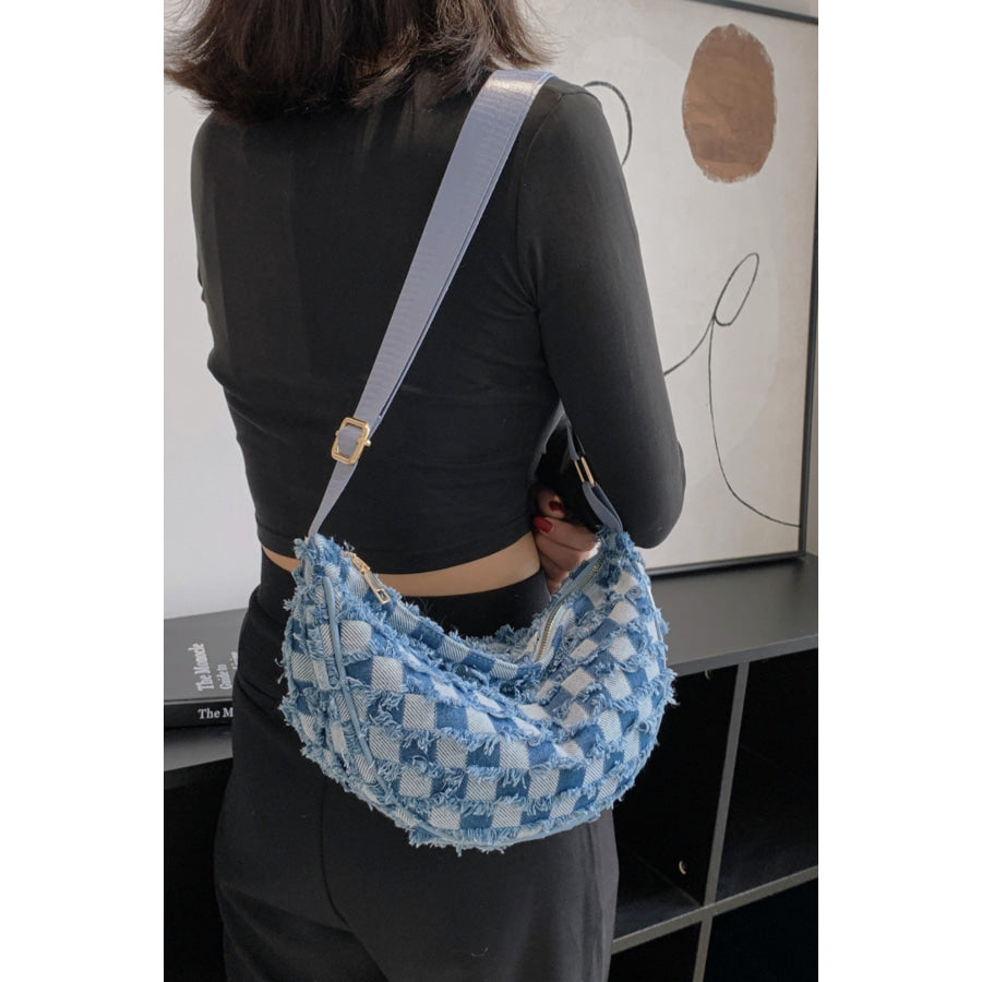 Raw Hem Checkered Denim Crossbody Bag Apparel and Accessories