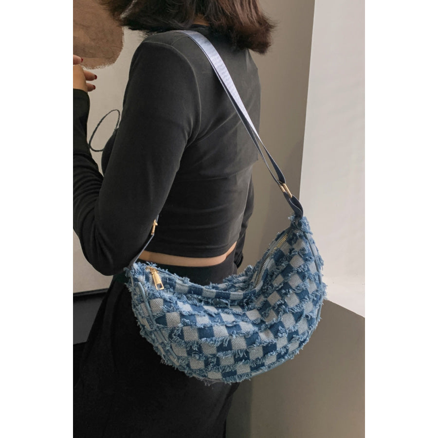 Raw Hem Checkered Denim Crossbody Bag Apparel and Accessories