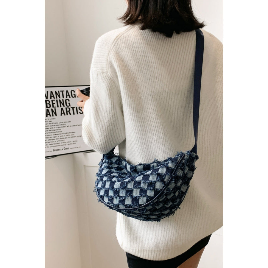 Raw Hem Checkered Denim Crossbody Bag Apparel and Accessories