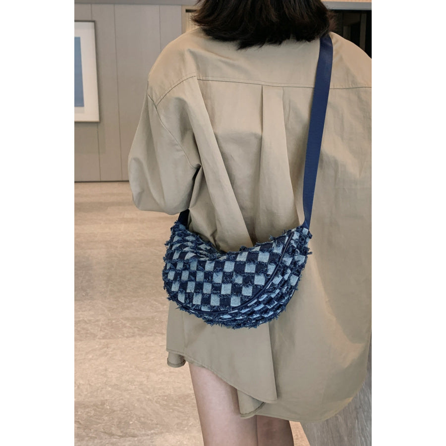 Raw Hem Checkered Denim Crossbody Bag Apparel and Accessories