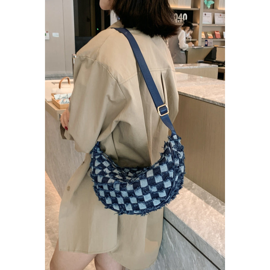 Raw Hem Checkered Denim Crossbody Bag Dark Navy / One Size Apparel and Accessories