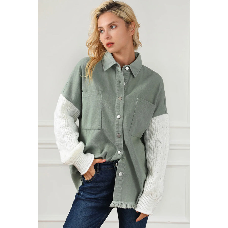 Raw Hem Collared Neck Button Up Long Sleeve Jacket Apparel and Accessories