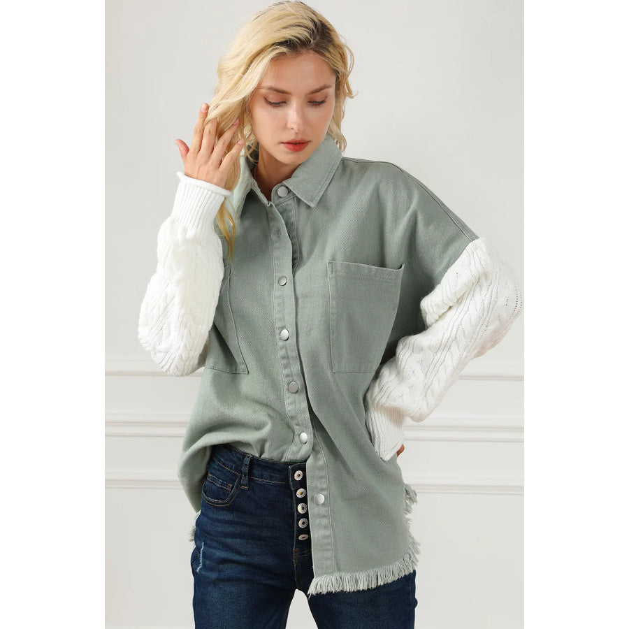 Raw Hem Collared Neck Button Up Long Sleeve Jacket Apparel and Accessories