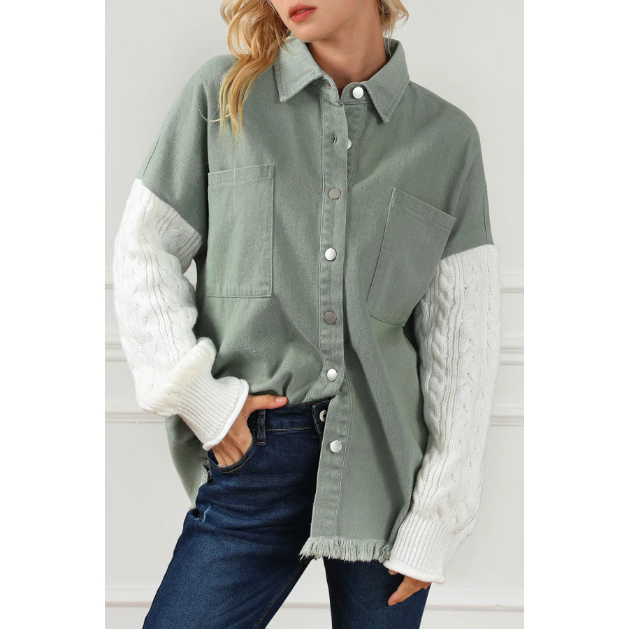 Raw Hem Collared Neck Button Up Long Sleeve Jacket Sage / S Apparel and Accessories