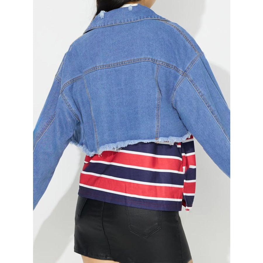 Raw Hem Collared Neck Cropped Denim Top Apparel and Accessories