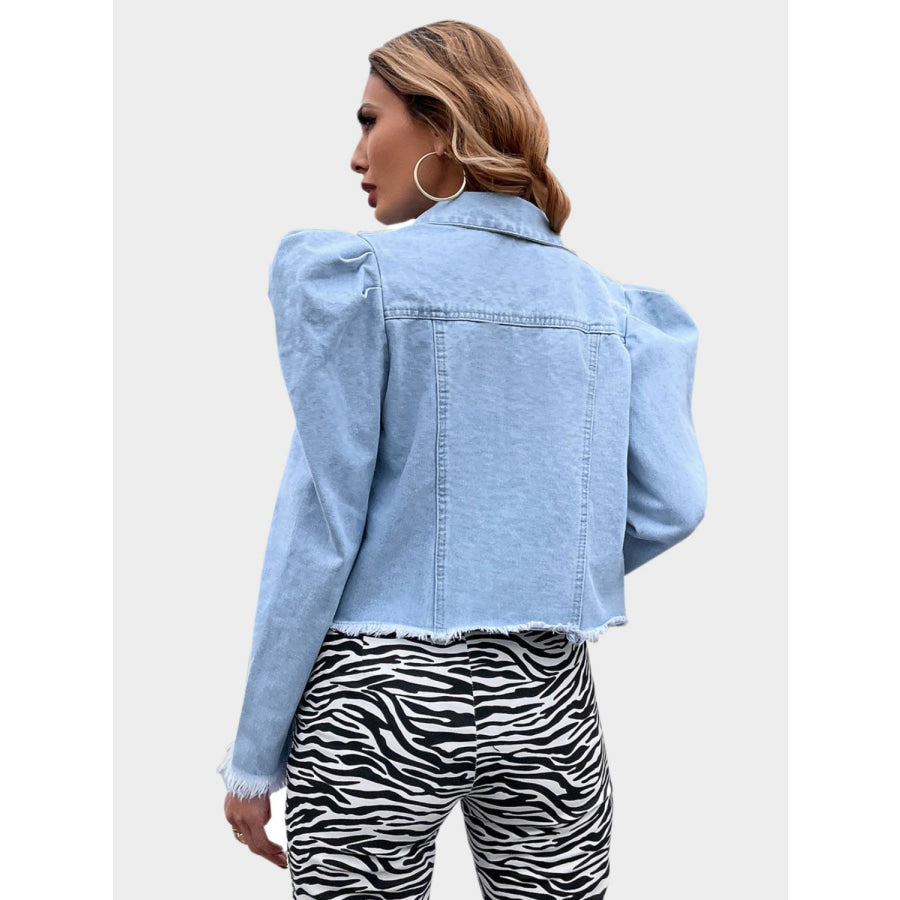 Raw Hem Collared Neck Puff Sleeve Denim Top Apparel and Accessories