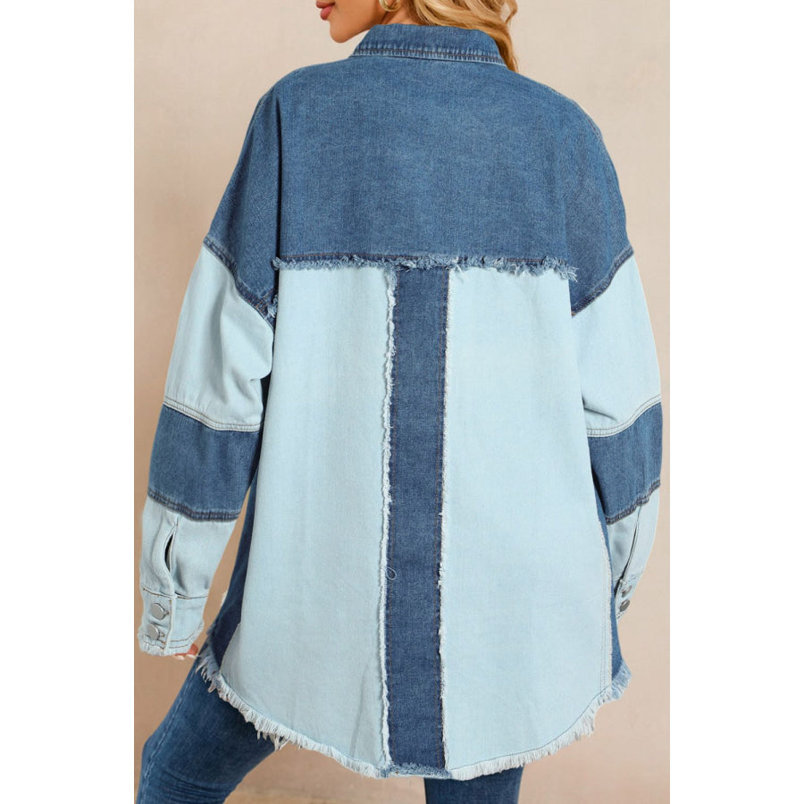 Raw Hem Color Block Denim Jacket Apparel and Accessories