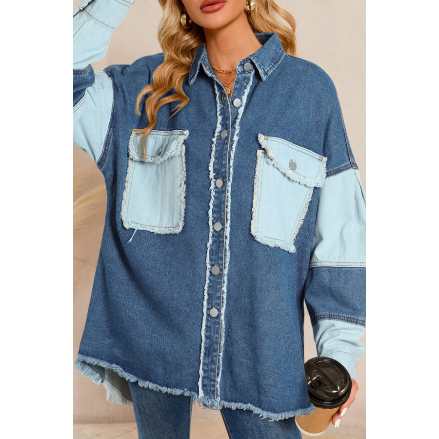 Raw Hem Color Block Denim Jacket Apparel and Accessories