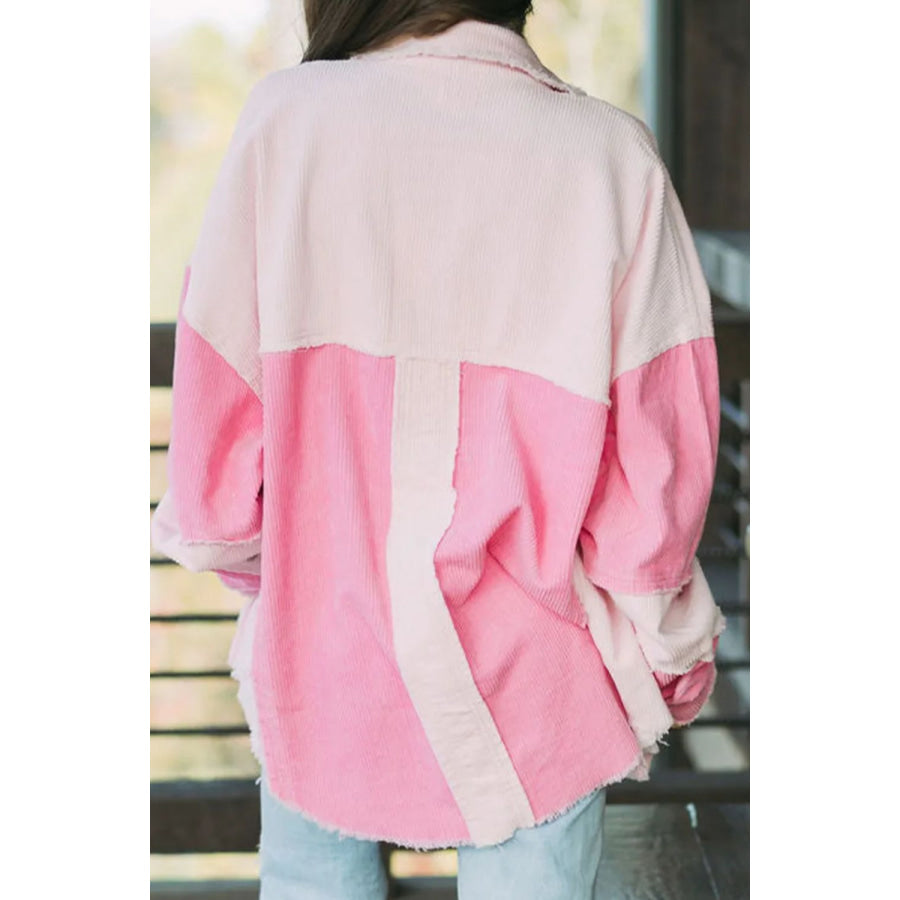 Raw Hem Contrast Long Sleeve Shacket Blush Pink / S Apparel and Accessories