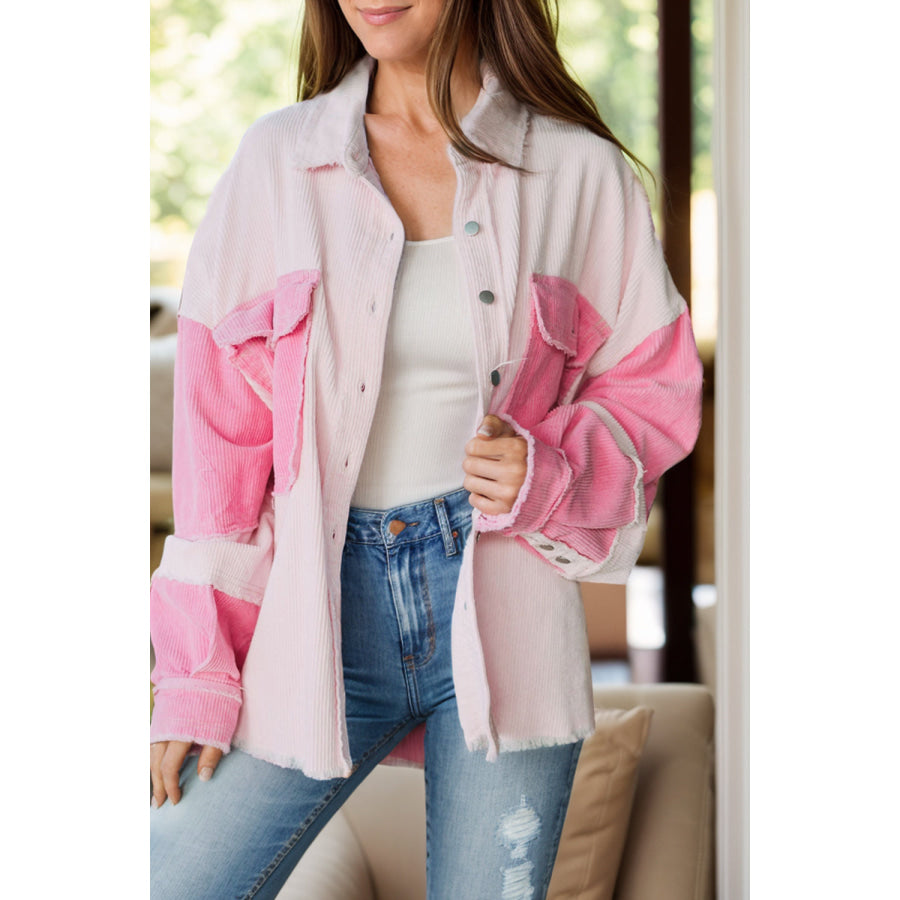 Raw Hem Contrast Long Sleeve Shacket Blush Pink / S Apparel and Accessories