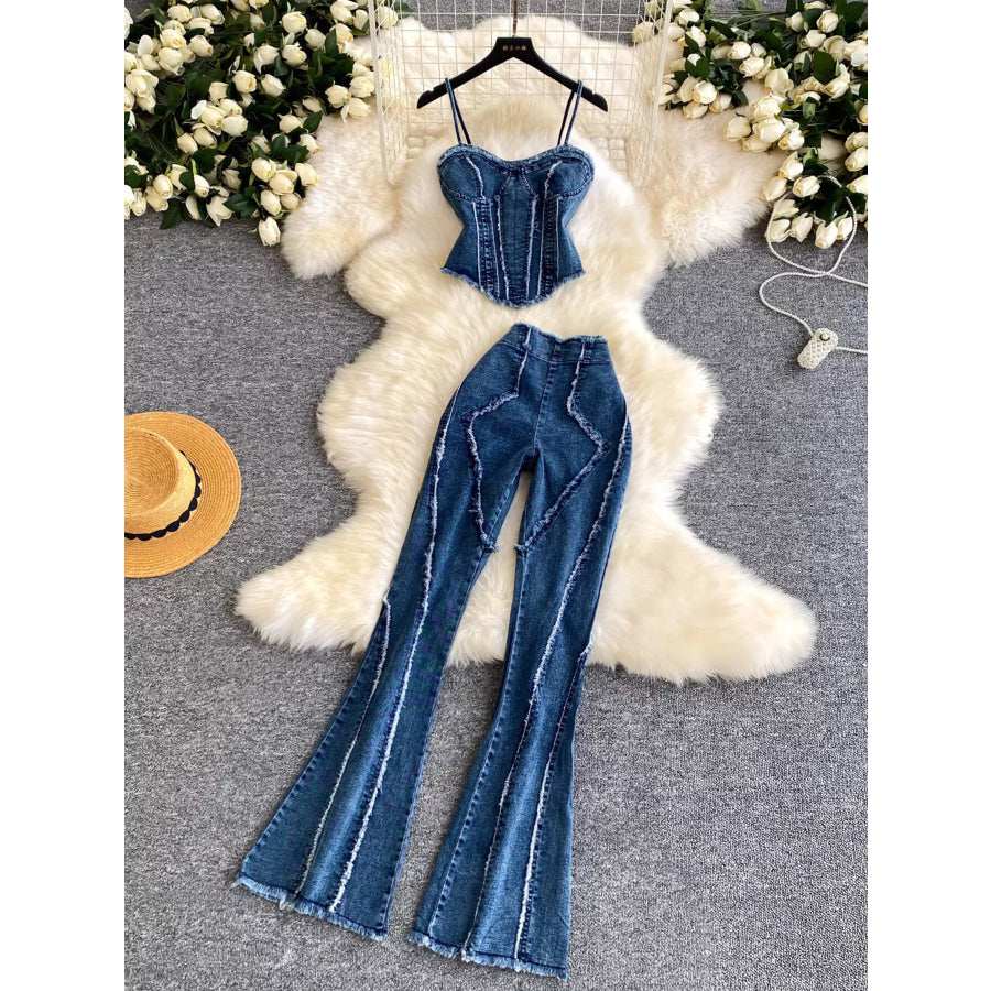 Raw Hem Denim Cami and Flare Jeans Set Blue / S Apparel and Accessories