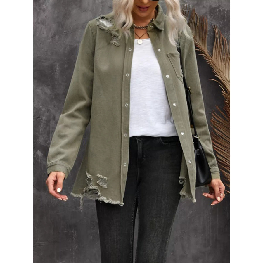 Raw Hem Distressed Denim Shirt Jacket Apparel and Accessories