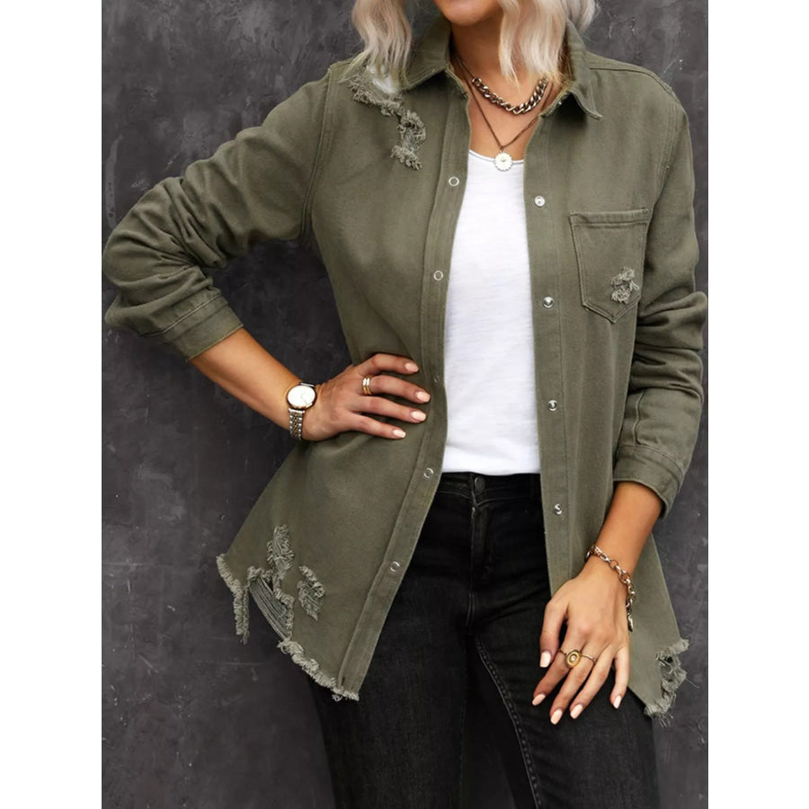 Raw Hem Distressed Denim Shirt Jacket Apparel and Accessories