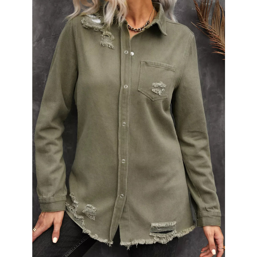 Raw Hem Distressed Denim Shirt Jacket Apparel and Accessories
