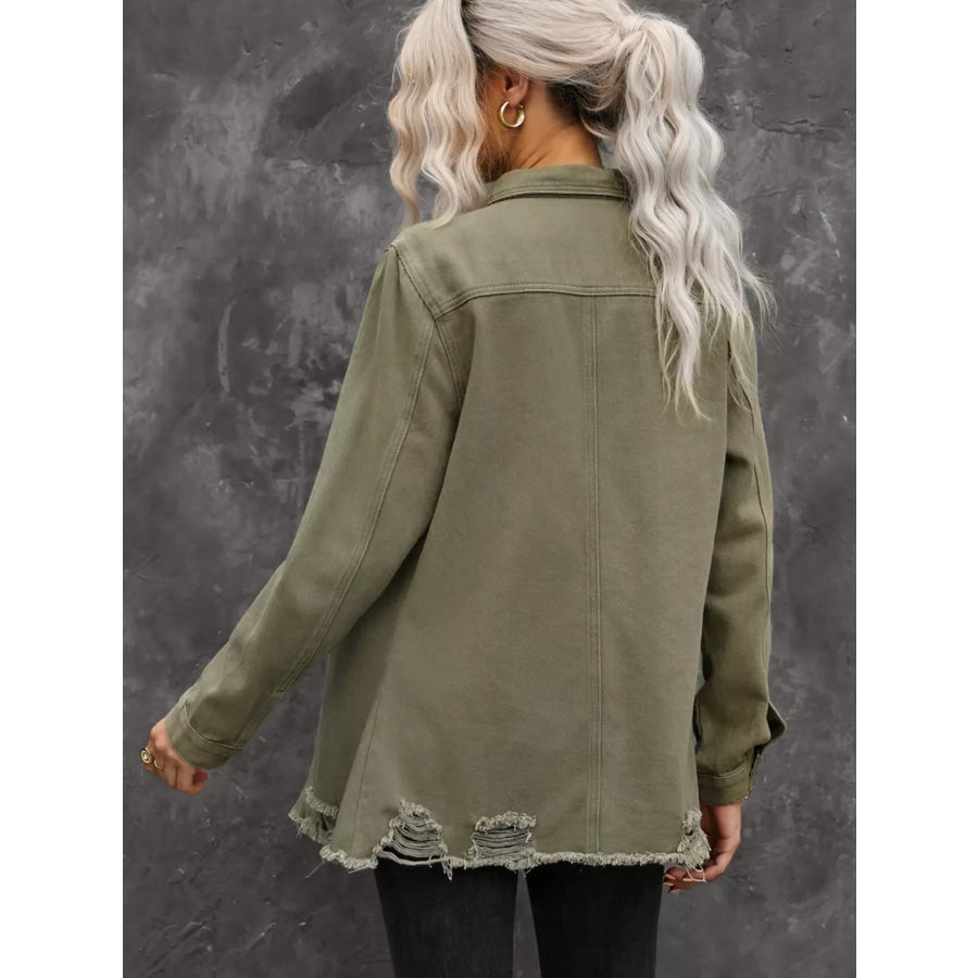 Raw Hem Distressed Denim Shirt Jacket Apparel and Accessories