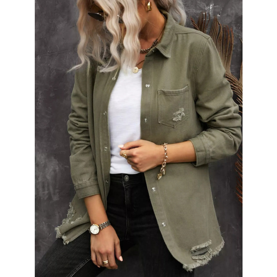 Raw Hem Distressed Denim Shirt Jacket Army Green / S Apparel and Accessories