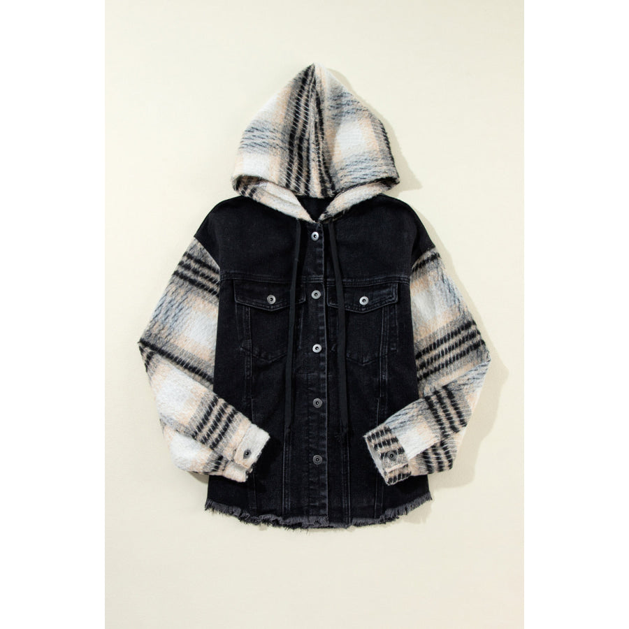 Raw Hem Drawstring Hooded Denim Jacket Apparel and Accessories