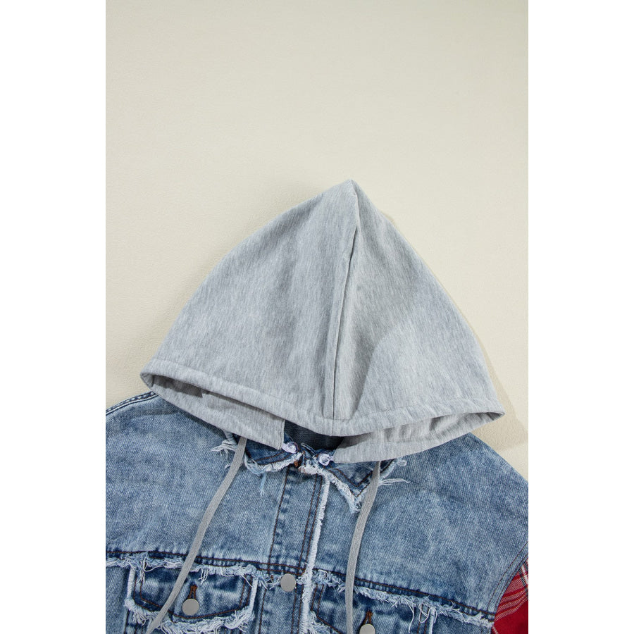 Raw Hem Drawstring Plaid Denim Jacket Apparel and Accessories