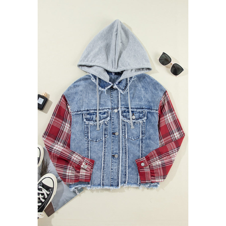 Raw Hem Drawstring Plaid Denim Jacket Apparel and Accessories