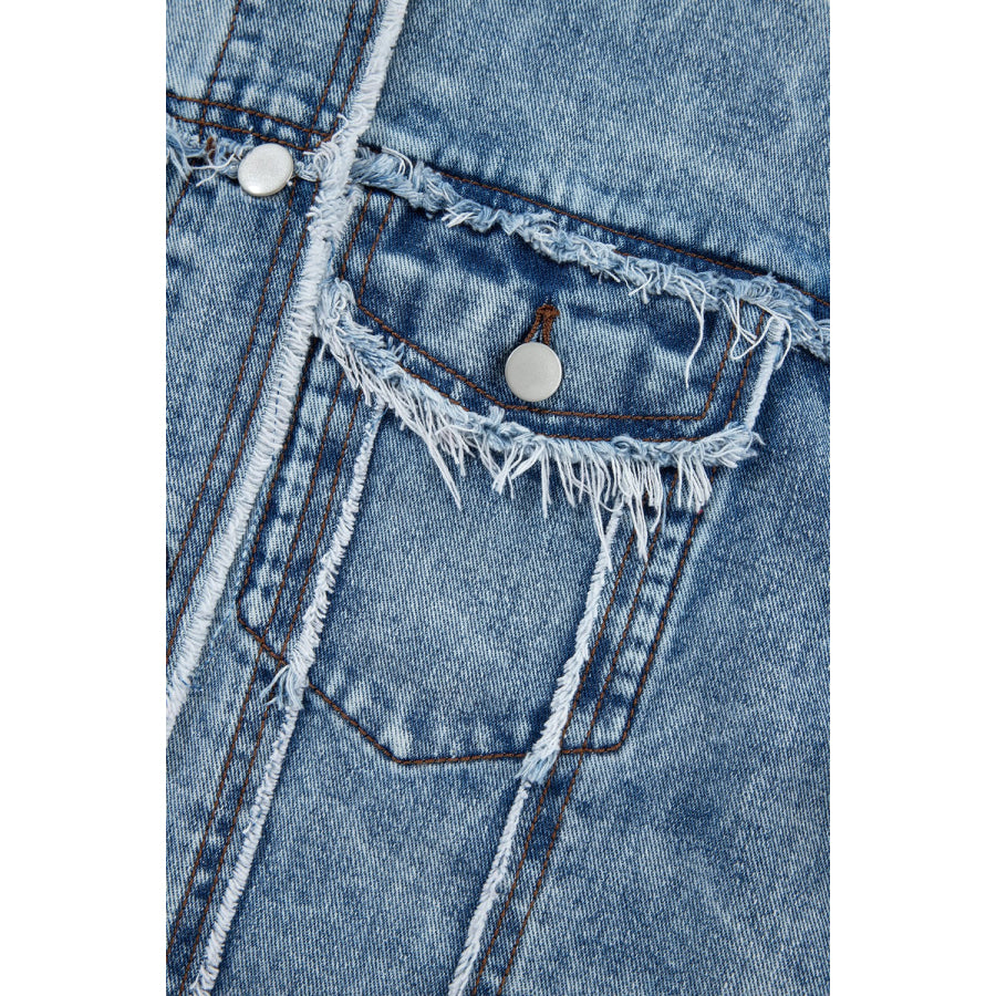 Raw Hem Drawstring Plaid Denim Jacket Apparel and Accessories