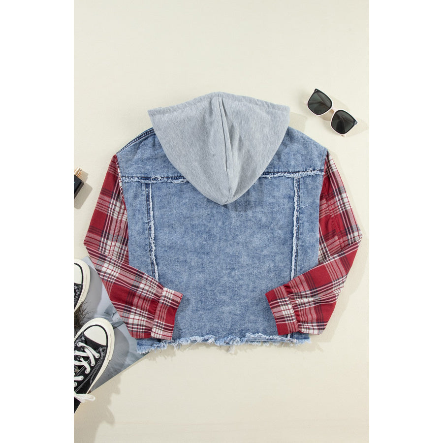 Raw Hem Drawstring Plaid Denim Jacket Apparel and Accessories