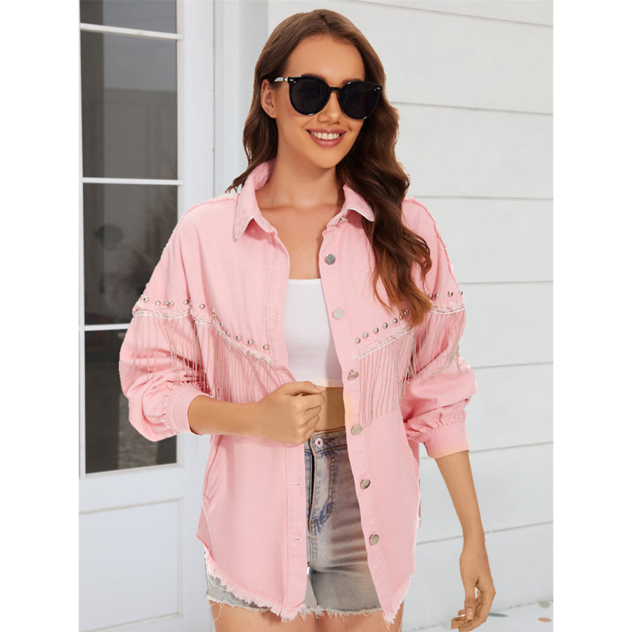 Raw Hem Fringe Detail Denim Jacket Dusty Pink / S