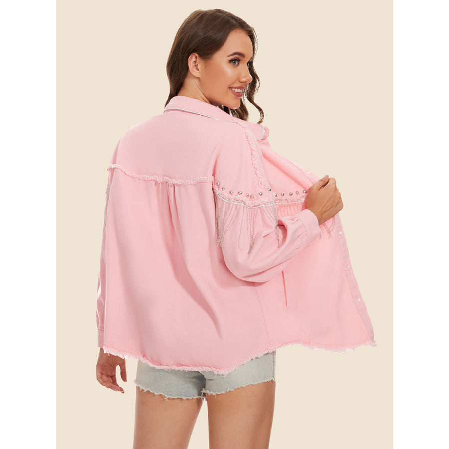 Raw Hem Fringe Detail Denim Jacket Dusty Pink / S