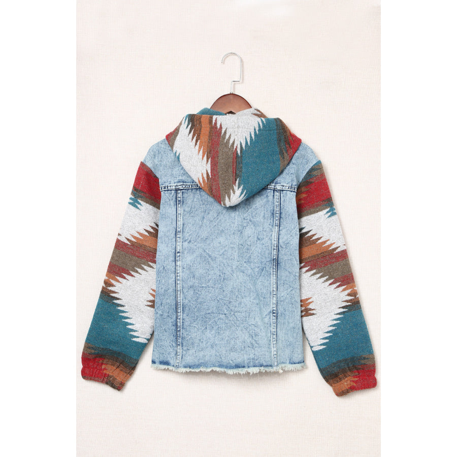 Raw Hem Geometric Hooded Denim Jacket Apparel and Accessories