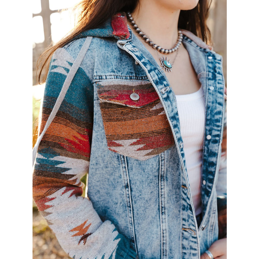 Raw Hem Geometric Hooded Denim Jacket Pastel Blue / S Apparel and Accessories