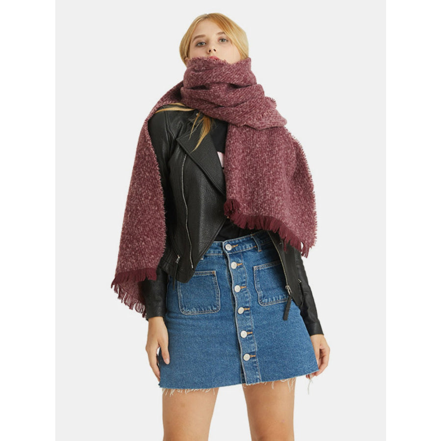 Raw Hem Heathered Polyester Scarf Burgundy / One Size Apparel and Accessories