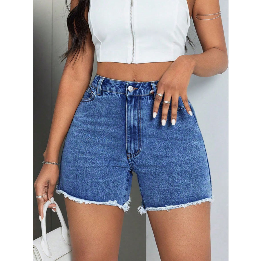 Raw Hem High Waist Denim Shorts Apparel and Accessories