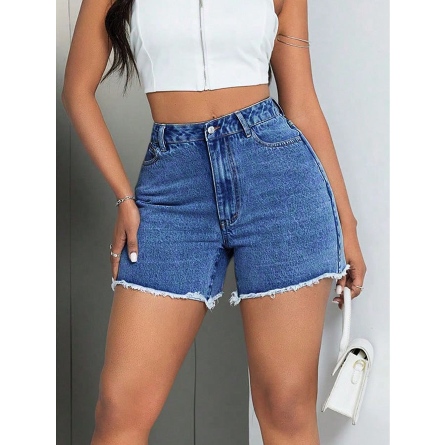 Raw Hem High Waist Denim Shorts Apparel and Accessories