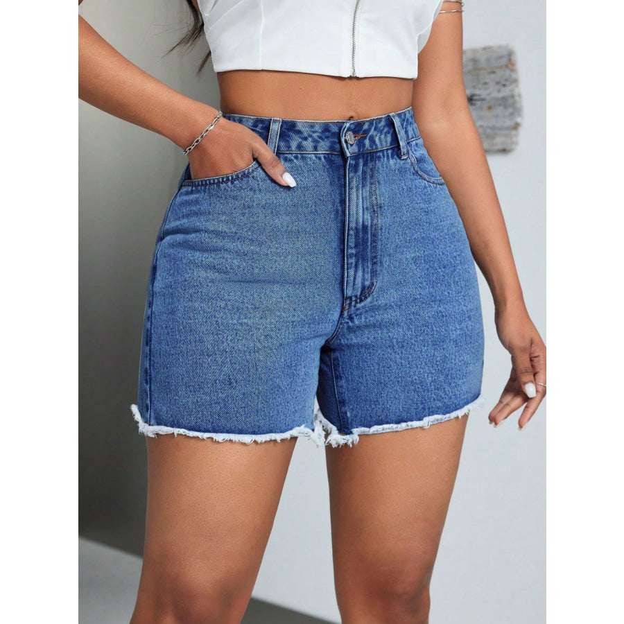 Raw Hem High Waist Denim Shorts Apparel and Accessories