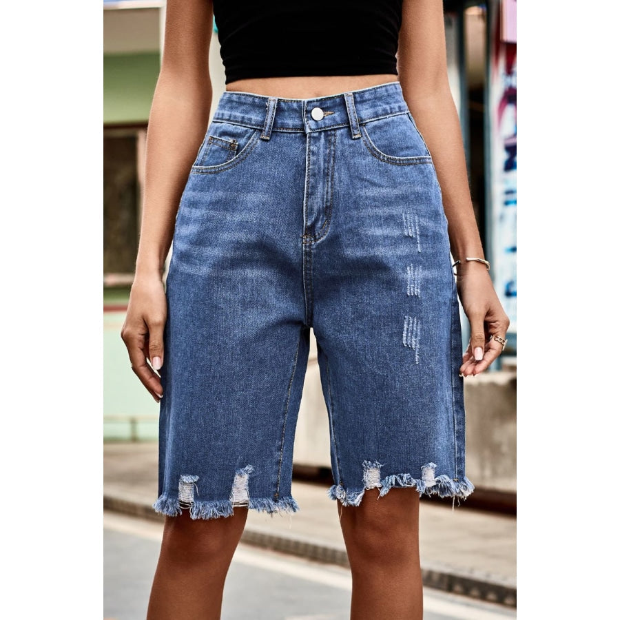 Raw Hem High Waist Denim Shorts with Pockets Medium / S