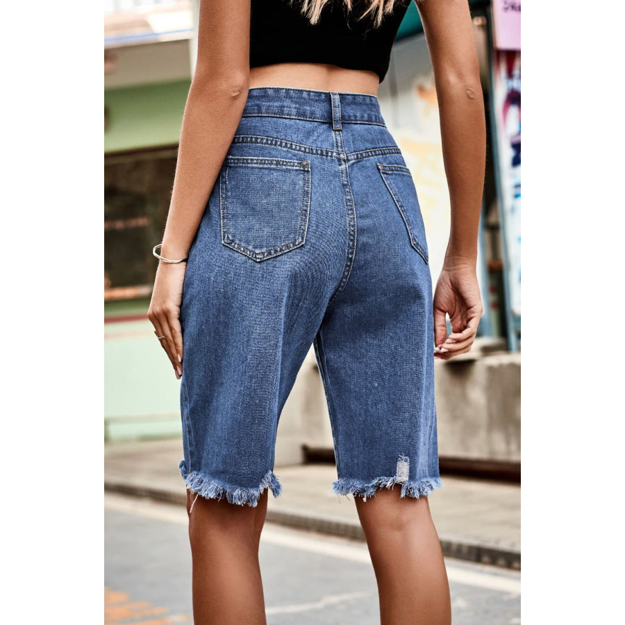 Raw Hem High Waist Denim Shorts with Pockets Medium / S