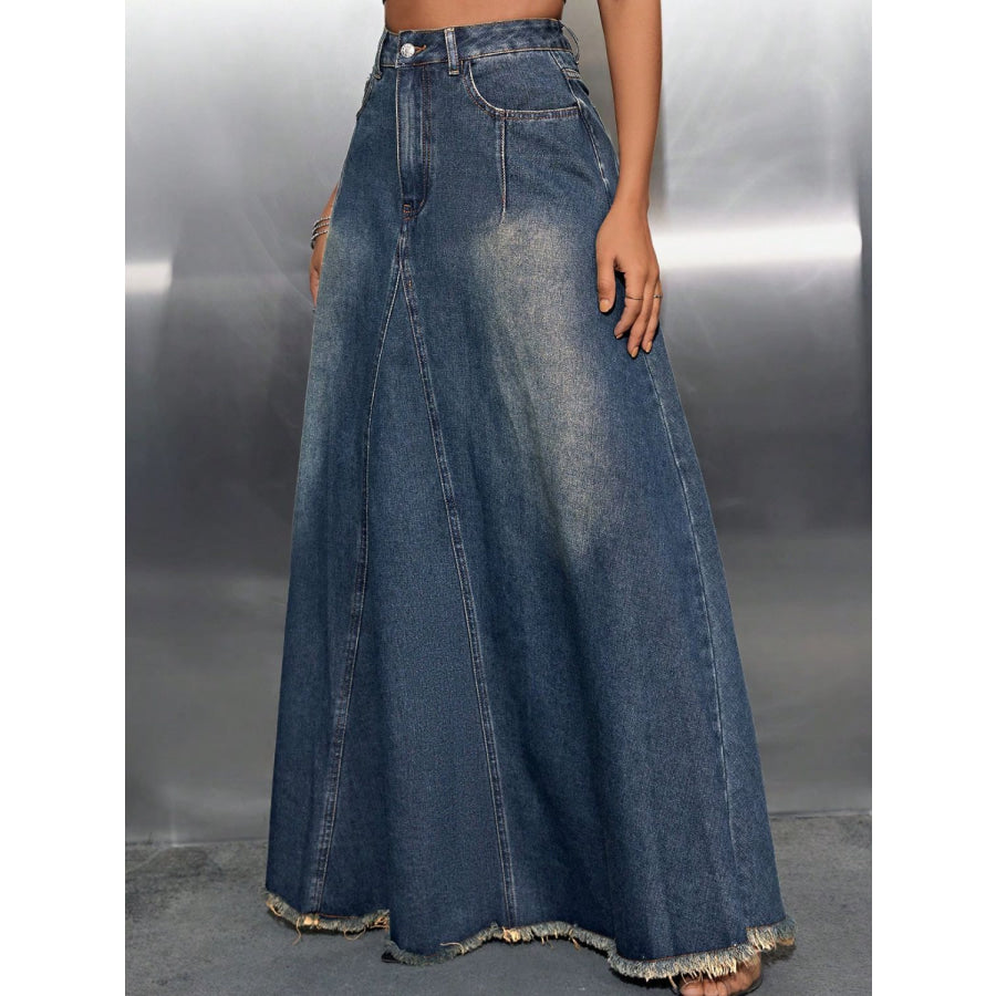 Raw Hem High Waist Denim Skirt with Pockets Apparel and Accessories