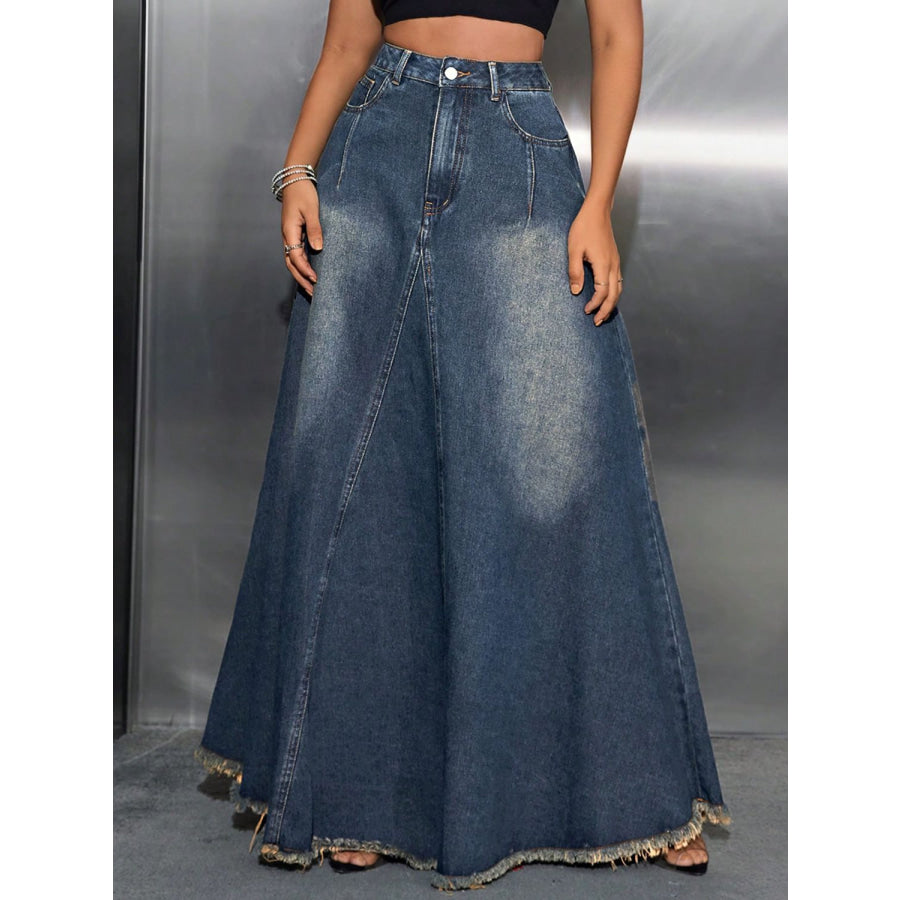 Raw Hem High Waist Denim Skirt with Pockets Apparel and Accessories