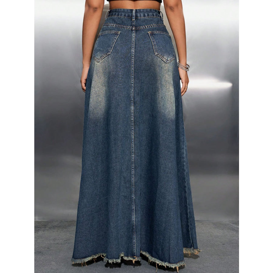 Raw Hem High Waist Denim Skirt with Pockets Apparel and Accessories