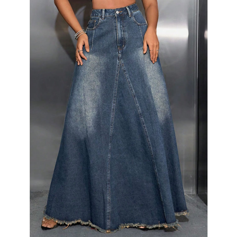 Raw Hem High Waist Denim Skirt with Pockets Dark / S Apparel and Accessories