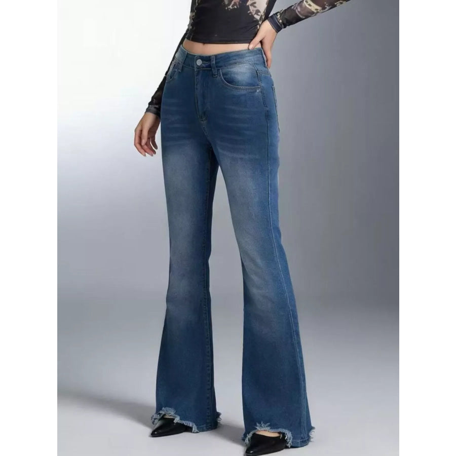 Raw Hem High-Waisted Flare Jeans Apparel and Accessories