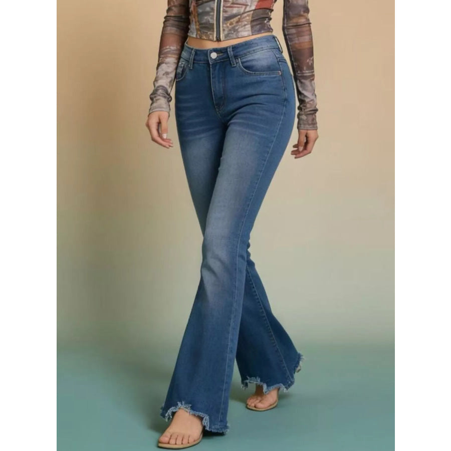 Raw Hem High-Waisted Flare Jeans Apparel and Accessories