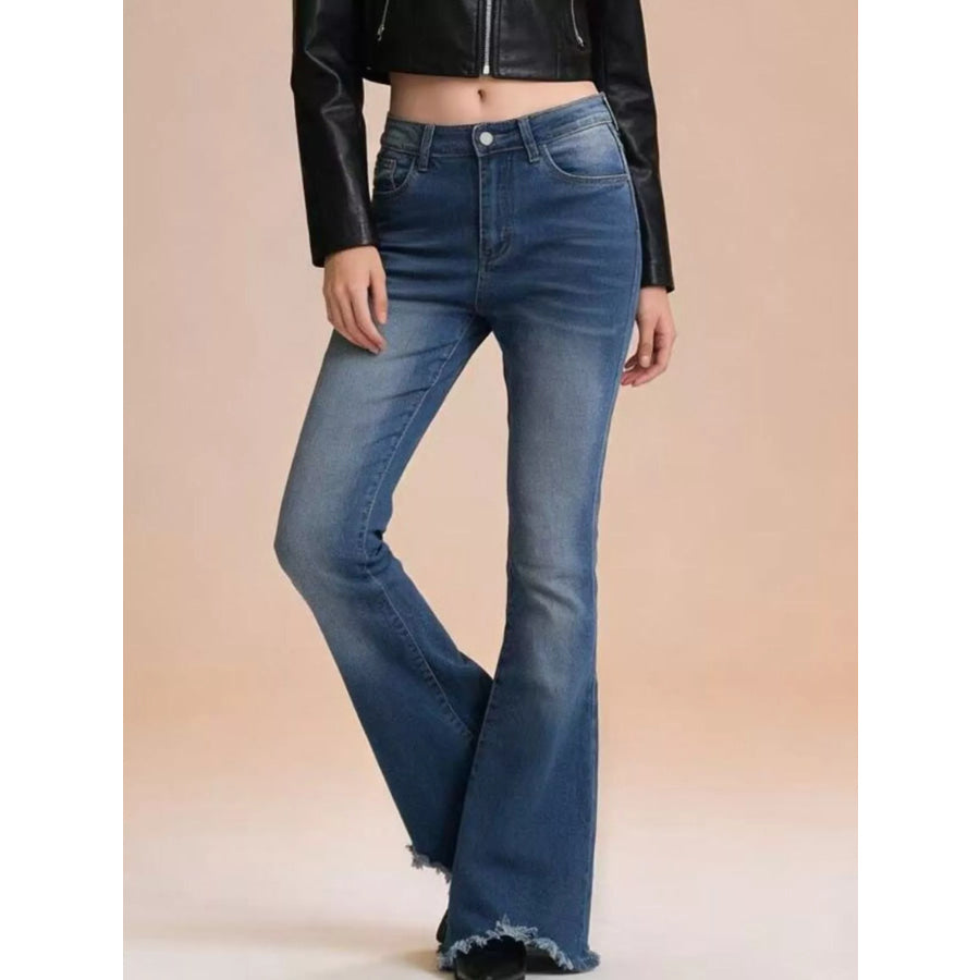 Raw Hem High-Waisted Flare Jeans Apparel and Accessories