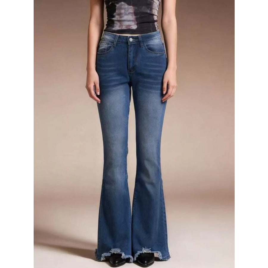 Raw Hem High-Waisted Flare Jeans Blue / S Apparel and Accessories