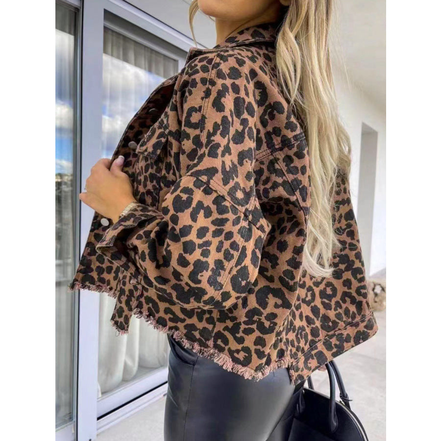 Raw Hem Leopard Collared Neck Denim Jacket Leopard / S Apparel and Accessories