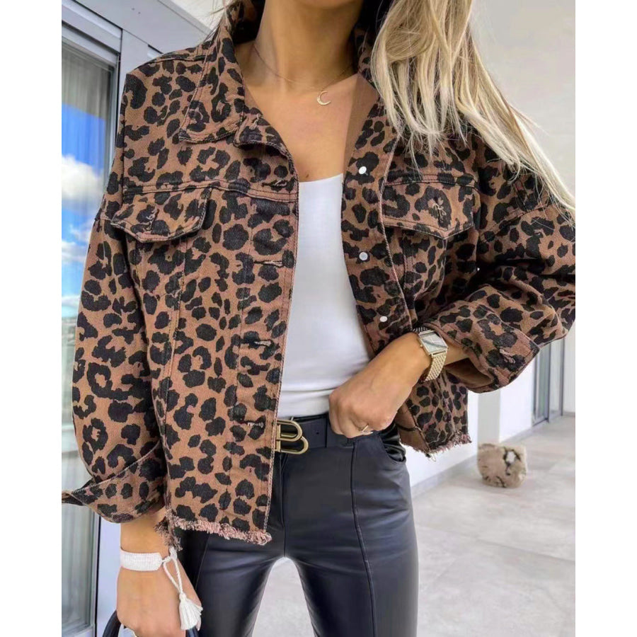 Raw Hem Leopard Collared Neck Denim Jacket Leopard / S Apparel and Accessories